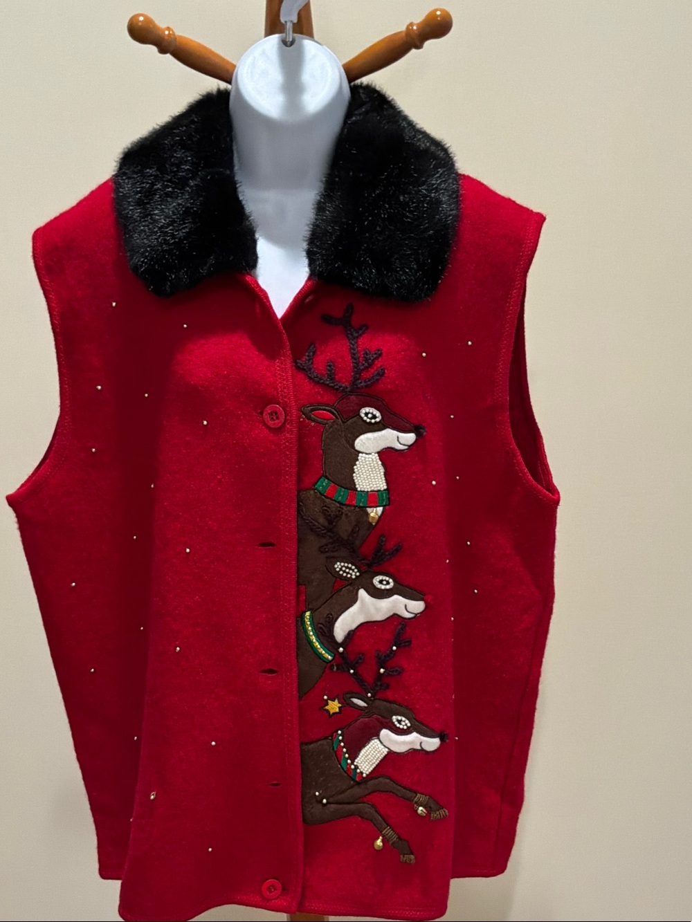 Lisa international Red Holiday Reindeer Vest with Black Faux Fur Collar size 2X